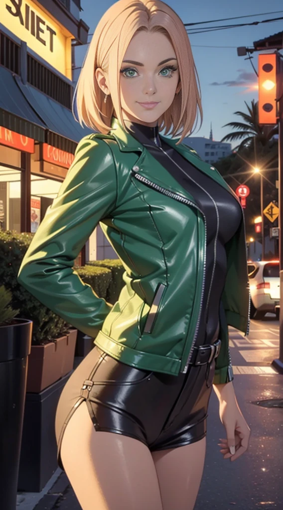 Mulher loira bonita, cabelo loiro lindo, Corp o perfeito, green leather jacket going to the nightclub smile on the night street posed on the sunny camera, sexy, pose sensual, cons iderar sexy, Noite, sombra, beleza