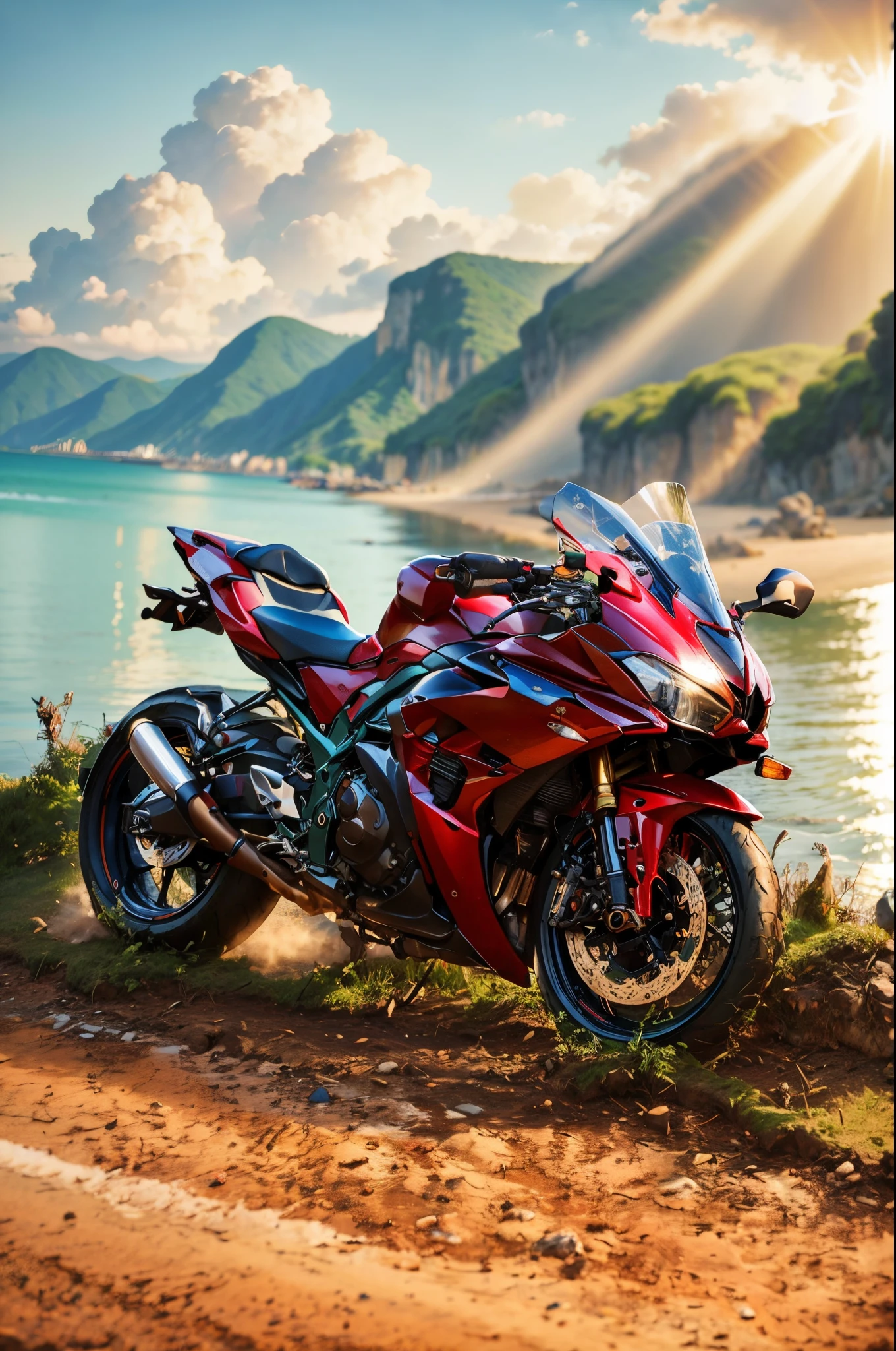there a motorcycle parked on the side of the road near the water, motorcycle, powerful scene, motorcycles, motorbike, yoshimura exhaust, front side full, riding, riding a motorcycle, motorbiker, wonderful scene, dynamic!!, kawasaki, shot on nikon d 3 2 0 0, portrait shot,, in a scenic background realistik