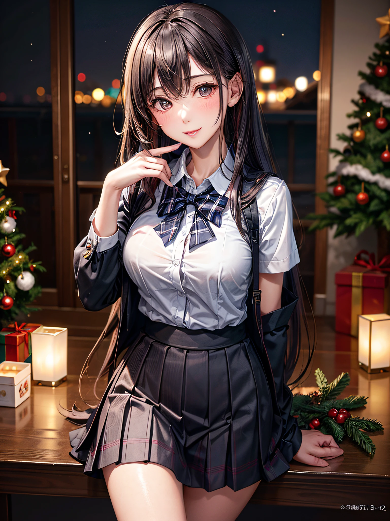 (2girls:1.4), Extremely cute, amazing face and eyes beautiful nice smile), (extremely detailed beautiful face), bright and shiny lips, (School uniform, Pleated skirt:1.3), (Best Quality:1.4), (hyper quality), (Ultra-detailed), (Hyper-realistic, Photorealsitic:1.37), Authentic skin texture, intricate-detail, extremely detailed CG unified 8k wallpaper, RAW Photos, professional photograpy, Cinematic lighting, Exposing, Christmas tree, Christmas Ornaments, Christmas Decorations, Christmas Lights, Christmas Lights,