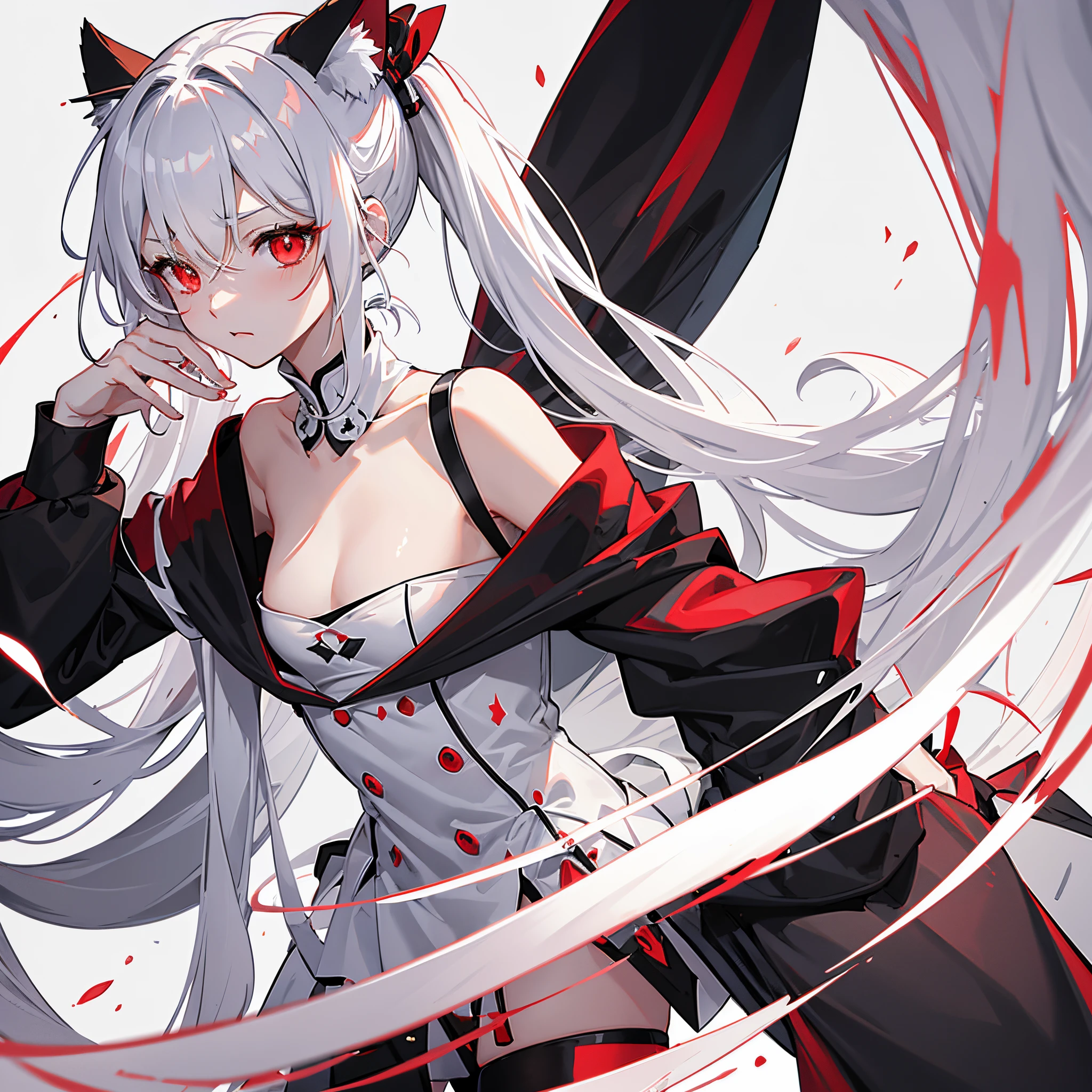 red eyes (The expression  grim), light blush, Jie Kang，headspace (The white), white bra, a skirt (Black),Long white hair (pony tails), small, ‎Paradise, cat ear，Upper part of the body（Only the upper part of the abdomen  shown），cultivating immortals，8k wallpaper，