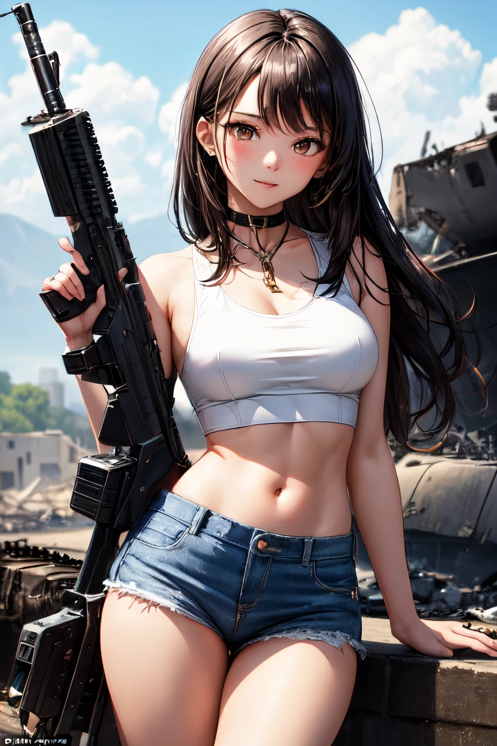 It is a battlefield, a downed plane and a destroyed war tank., There is a -yeld wo with black hair, long brown eyes, tender gaze and a pretty yet sexy face, posing sexy. , She is dressed in a low-cut white crop top and ripped panties., She is very sexy posing sexy and wearing a white top showing her abdomen and low cut, a military type chain on her neck, an engagement ring , chica delgada, has long black hair brown eyes holding a long gun, young girl is 16 years at taste, Girl's face