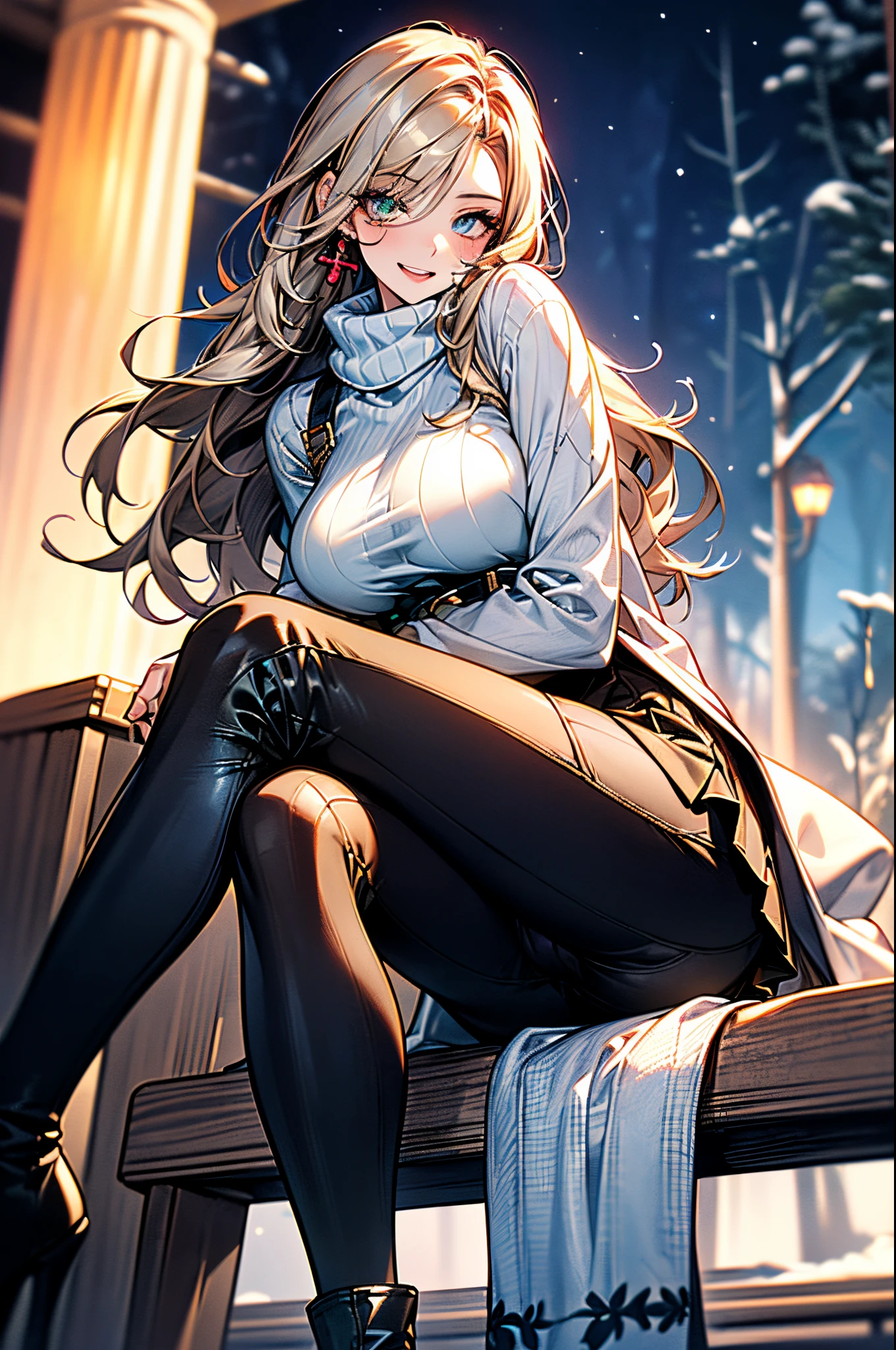 ((1 girl:1.5, playing around in snowy field in forest:1.37, sitting with rising knees:1.37)), Nordic, ((matured girl wearing Sexy white outfits:1.3, cable knit sweater:1.3, close to viewers:1.37, seducing sexually:1.25)), a matured woman with long hair and a white outfit, white winter coat with bore, knit scarf, green ribbon, knee length long boots, white and green winter outfits, wearing dark green pleated skirt:1.3, full bodyesbian, fine details, beautiful anime illustration, 26 years old, BREAK, (milf:1.5, solo:1.5)), (sfw:1.25), (sagging breast, fuge breasts, big tits, thin waist, big ass:1.2), Raised sexy, (dark mahogany medium short hair, updo, hair over one eye, asymmetric hair, Carly hair, low tied braid, musulman, white Headscarfs, hair bands, head vandage, Turban), (ultra high resolution, 8K RAW photo, photo realistics, thin outline:1.3, clear focuest qualtiy, natural lighting, textile shading, blurry back ground, depth of field, bokeh, (bright pupils:1.2, fine detailed beautiful eyes with highlight:1.3, super detailed eyes, high detailed face), Red lip, fine realistic skins:1.1, looking at viewers:1.3, (dynamic angle:1.3, crotch focus:1.3, from below:1.4), (multi posing:1.3, sexy pose:1.3, sitting with opening legs shaped M:1.5), (seductive, happy smile with opening mouth:1.4), centered image:0.2, (wearing white long coat with bore and clothes:1.1, bare breast:1.2), gold ornaments, rolling red clothes around waist, dark brown long leather boots:1.3, translucent lace pantyhose), (((correct anatomy:1.5, perfect hands:1.5, ideal ratio body proportions:1.37))), (in a night:1.3), outdoors:1.6, under starry sky:1.2,