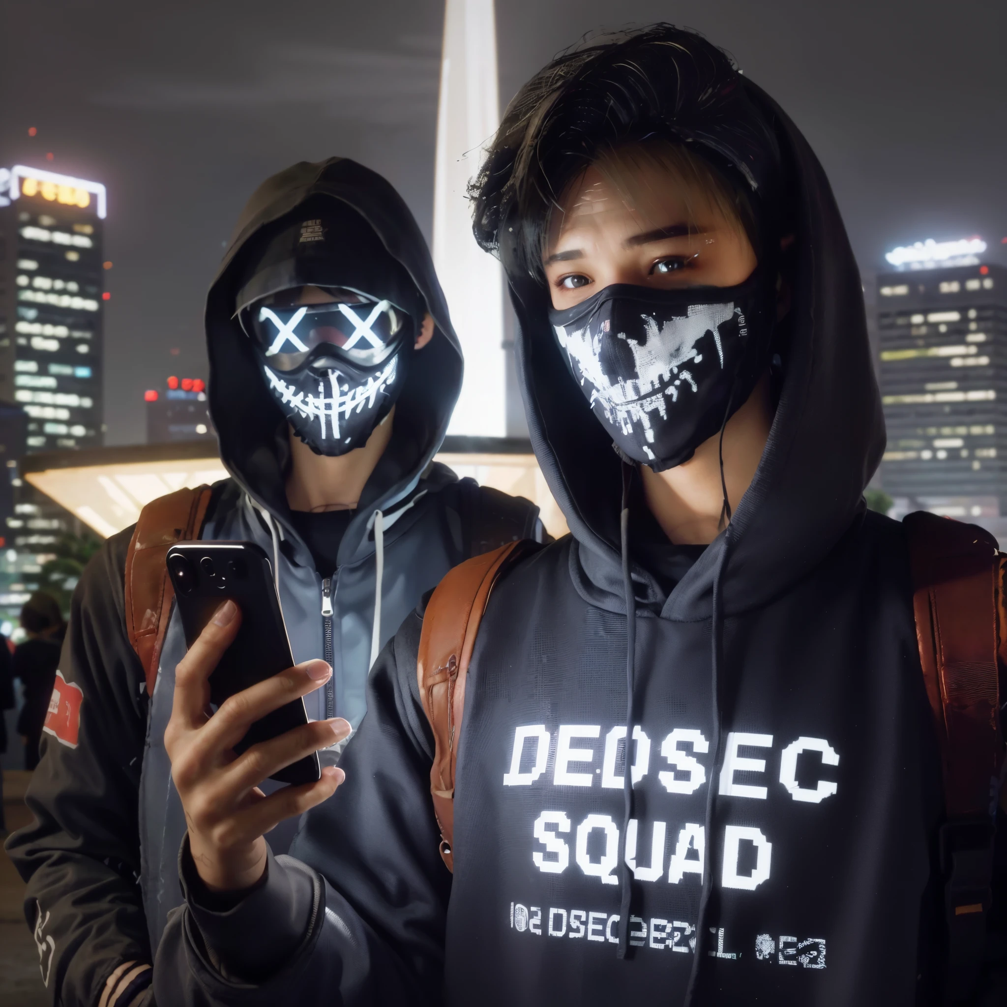 Wrench from watchdogs 2, they are wearing masks and holding phones in their hands, wearing cyberpunk streetwear, cyberpunk streetwear, 🪔 🎨;🌞🌄, deep fake, desrt, #oc, # oc, profile image, wearing all black mempo mask, design, ski masks, cyberpunk techwear, danger, avatar image, masked, faceless people dark