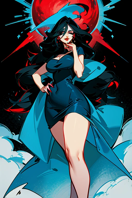 long black hair, large breasts, wide hips, blue eyes, makeup, red lipstick, thick lips, shuddering beauty, seductive look, blue dress, multiple shapes, expressive, flowing hair, pastels.
