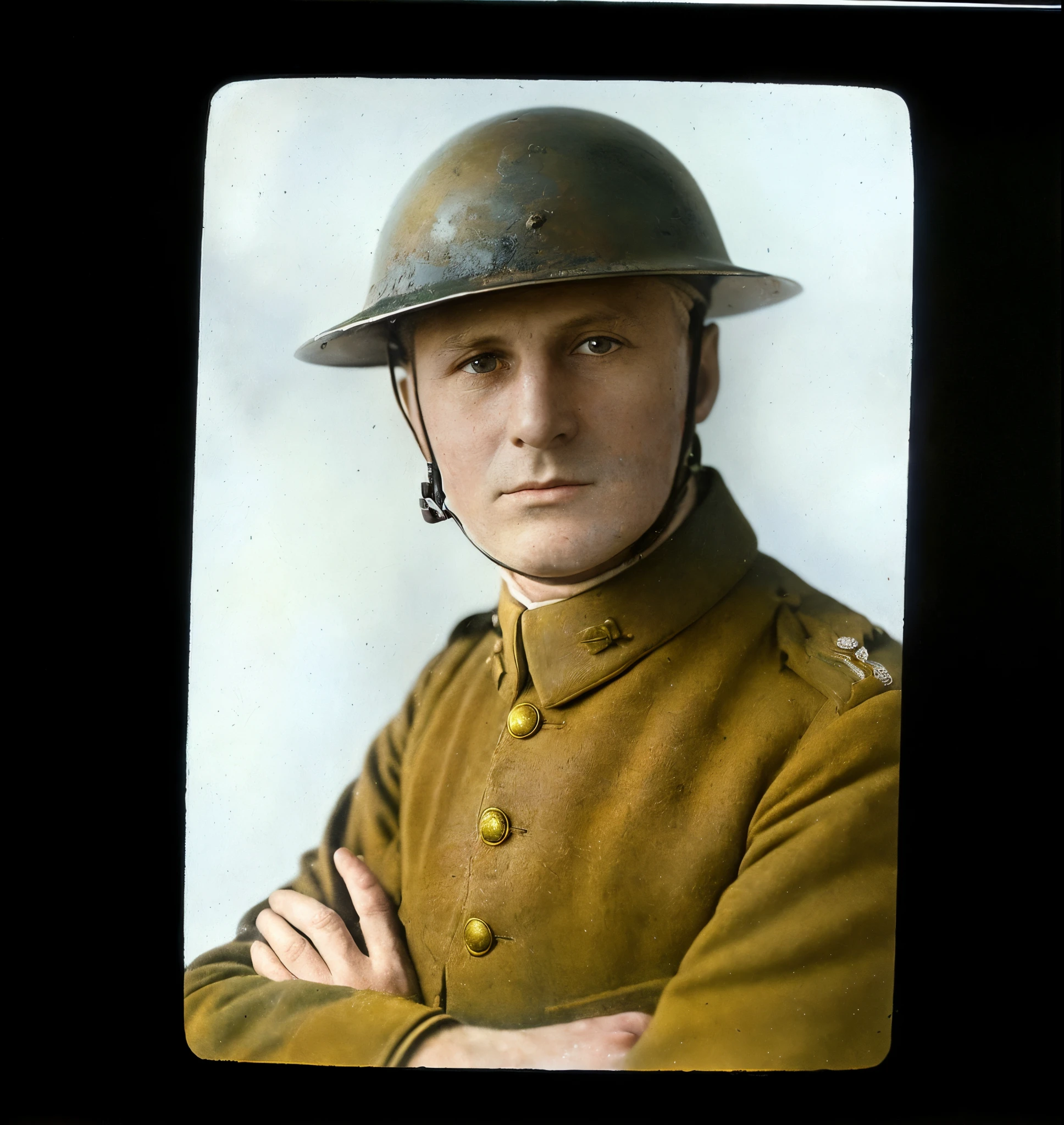 arafed photo of a man in a uniform with a helmet on, portrait of a soldier, close portrait, taken on a ww 1 camera, ww1 photo, colorized photograph, full color photograph, portrait close - up, colorized photo, colorized, a colorized photo, closeup portrait shot, portrait closeup, autochrome pearl portrait, c. m. coolidge