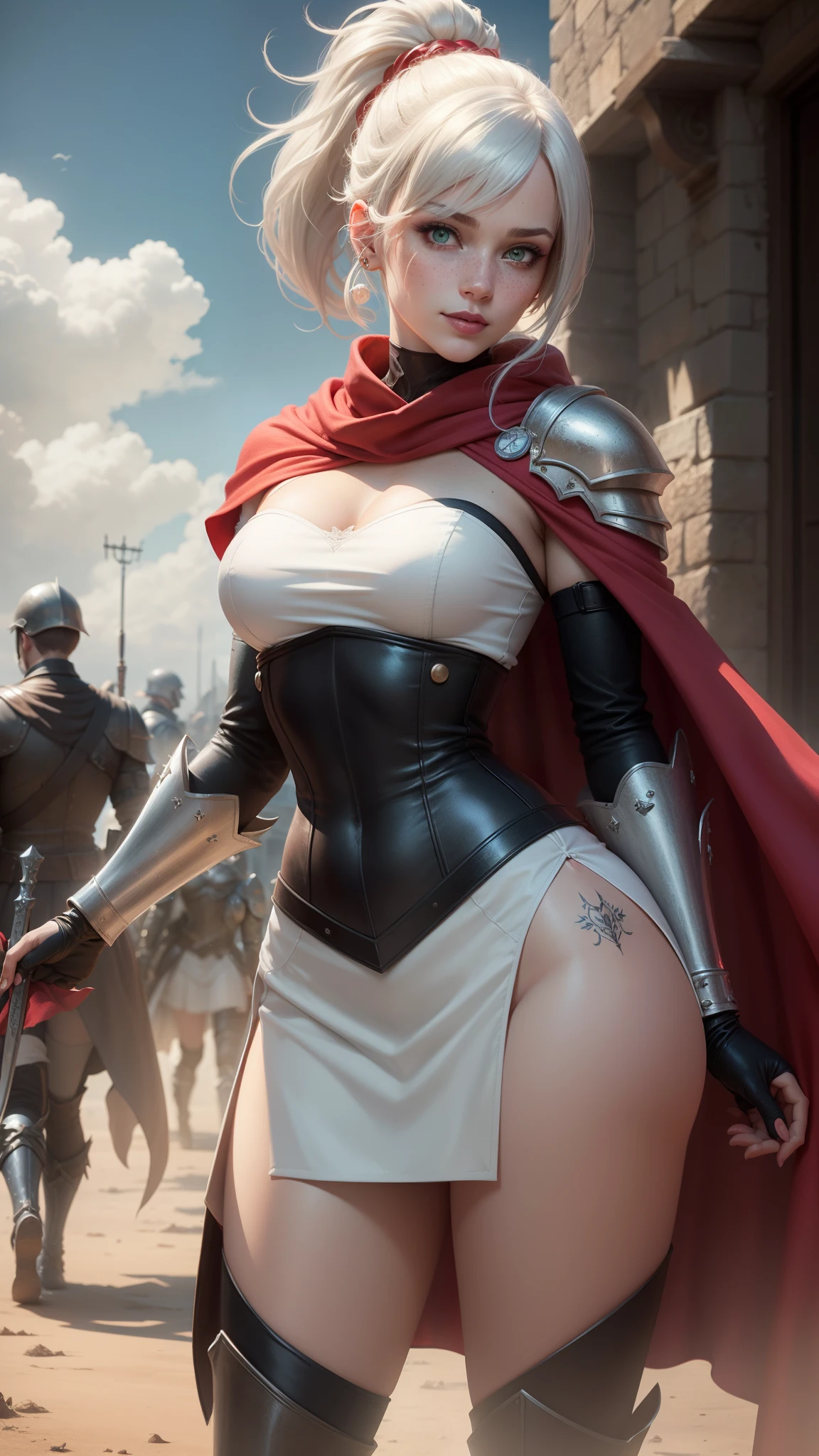 gwen tennyson,yorha 2b,tracer,mordred, claire farron,overwatch,atelier ryza,close up,castle siege battle,tattoos,violet and white plugsuit,white short sleeve silk top,short sleeve knight full plate armor,tight lycra skirt,steel knight corset,ponytail hair,queen makeup,green eyes,multicolored silver hair,long dress train,sexy smile, freckles,beautiful girl,silver thigh high boots,large breasts,8k,ultra detailed,realistic,fantasy art,silver knight uniform,queen dress,hair pin,ear piercings,snowflake hand and neck jewelry,(weather:battlefield),1girl,long scarlet knight cape,holding a war banner,