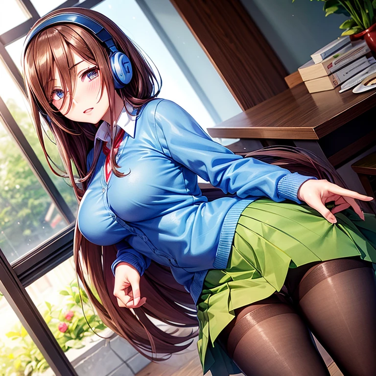 Schoolgirl with brown hair、Green skirt、light blue cardigan、(Blue headphones)、Semi-long hair、Black pantyhose、sheer stockings、vagina、、(no panties)、(Wet)、red blush、Solo、(See-through)、tea shop、Terrace seating