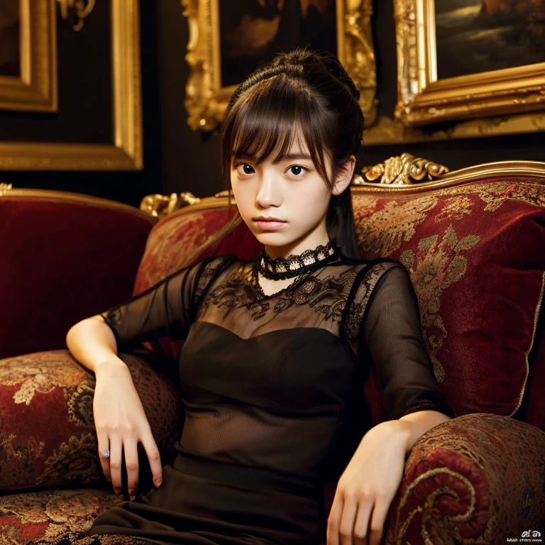 An ultra-high picture quality、Perfect Photo、Sofa in front of a majestic painting、Luxurious picture frame、Dark room、lighting stand、Beautiful Japanese girl sitting on a luxurious sofa、serious facial expression、