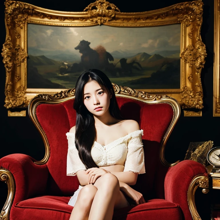 An ultra-high picture quality、Perfect Photo、Sofa in front of a majestic painting、Luxurious picture frame、Dark room、lighting stand、Beautiful Japanese girl sitting on a luxurious sofa、serious facial expression、