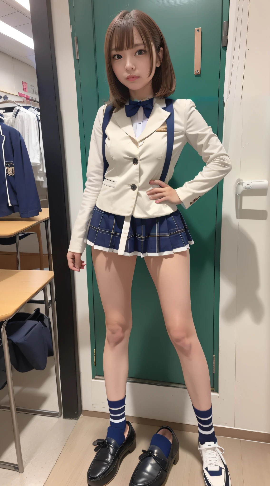 student clothes ,blazers ,Long sleeve shirt worn by Japan high school girl ,Ribbon Ties ,Dark blue mini skirt, Dark blue socks, Black loafers
