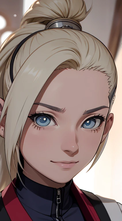 Ino Yamanaka, Komono, Nevando, sentado;,roupas roxas,Traje fora do ombro,clivagem,sorriso,Ser vermelho no rosto,dentro no quarto,Close-up em close-up,with a good figure