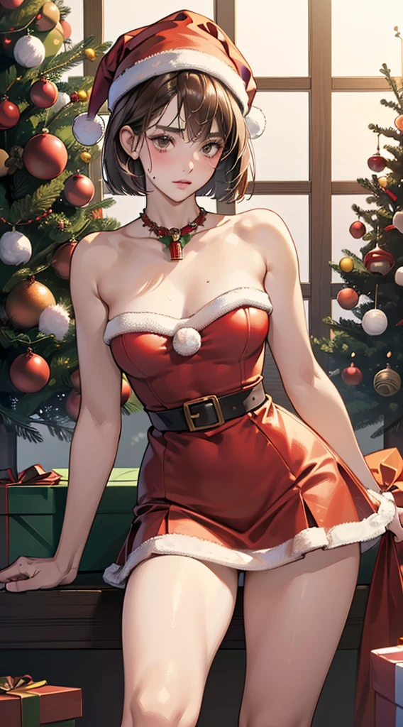 ((((perfect anatomy, super detailed skin)))), 1 girl, japanese, 16 years old, shiny skin, watching the view, 
beautiful hair, beautiful face, beautiful detailed eyes, (short hair:1.2, bob cut:1.2), glossy brown hair, brown eyes, mole under eye, 
beautiful clavicle, beautiful body, beautiful chest, beautiful thigh, beautiful legs, babyface, medium breasts, perfect body, gorgeous faces, seductive boobs, seductive thighs, 
((wearing santa claus costume, symmetrical clothing, metallic red santa claus hat, metallic red santa claus dress, metallic red santa claus boots, bare shoulders), christmas necklace), 
(embarrassed, blush, m legs), spread legs, sweat,
(beautiful scenery), indoors, livingroom, (christmas tree:1.3), 
(top-quality, masterpiece​:1.2, extremely detailed), (photorealistic), beautiful illustration, cinematic lighting, (thigh focus, from below, view from forward:1.3),