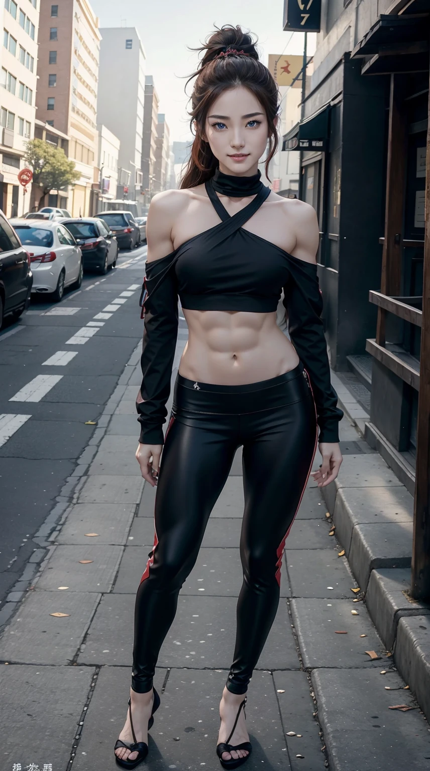 Yang Guifei, a 25-year-old beauty、blue eyess、Brown hair、on the sidewalk of a modern street、Hair is tied up、a smile、Slender but well-proportioned muscular body、My abs are cracked、The navel is out、wearing low-rise leggings、Wearing off-the-shoulder tops with a logo on them