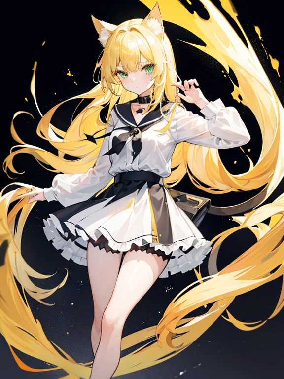 A girl, long blonde open hair, blonde Neko cat ears, light green glowing cat eyes, wearing a black collar with a bell, wearing a white shirt with a low neckline, a black short skirt, black tights, high red high heels, with a blonde cat tail, high resolution, looks forward, stands upright