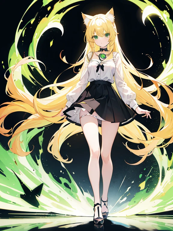 A girl, long blonde open hair, blonde Neko cat ears, light green glowing cat eyes, wearing a black collar with a bell, wearing a white shirt with a low neckline, a black short skirt, black tights, high red high heels, with a blonde cat tail, high resolution, looks forward, stands upright