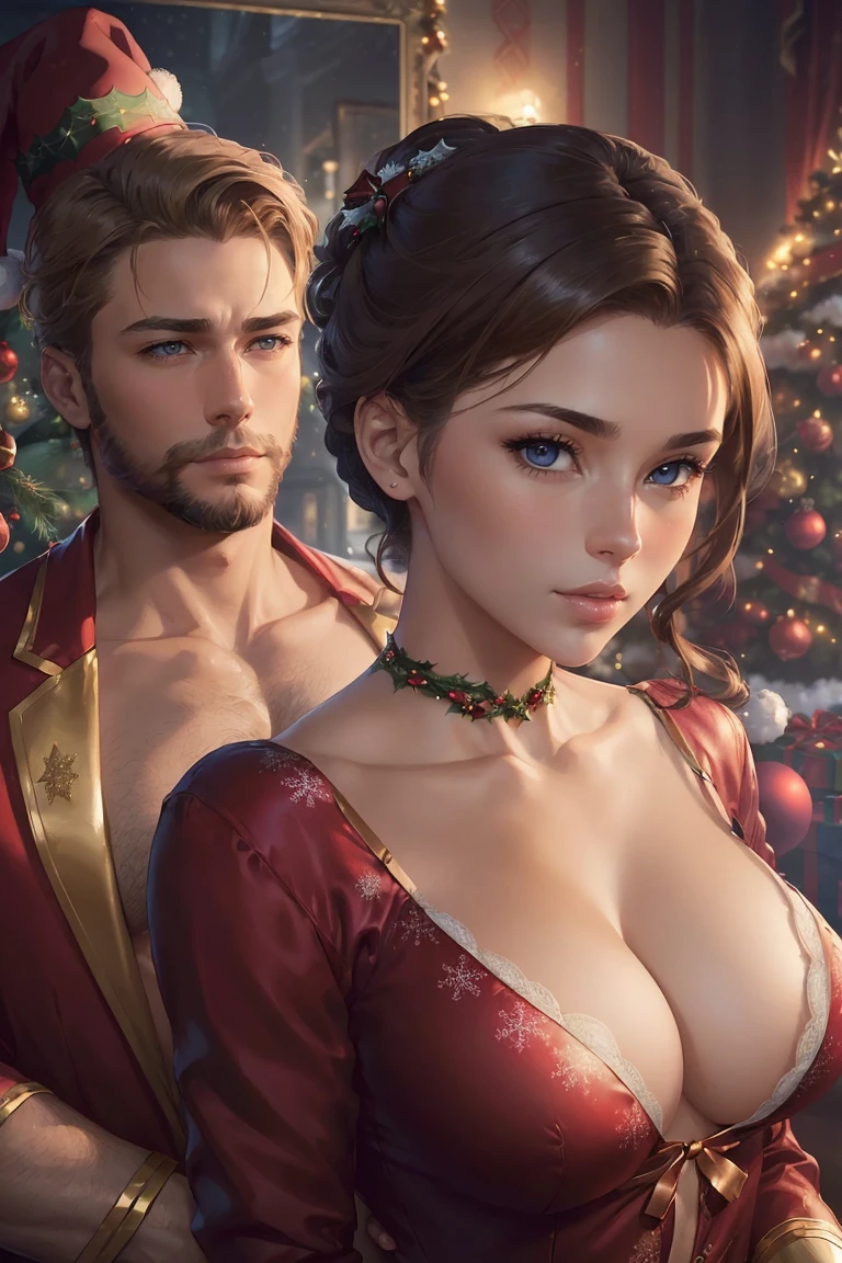 ((A couple in love)), ((woman with brown hair wearing a christmas lingerie with small breast)), standing with ((a masculine man with short blonde hair and a full beard, in a red and white suit)), blue eyes, hair with many details, 8k artgerm bokeh, fanart best artstation, render photorealistic, guweiz-style art, inspired by WLOP, ig model | artgerm, detailed waist up portrait, stunning wait up portrait of realistic face, beautiful waist up portrait, deviantart artstation cgscosiety, cinematic realistic portrait, high quality portrait, elegant digital painting, photorealistic artstyle, ((Christmas living room background)), ((looking at the camera))