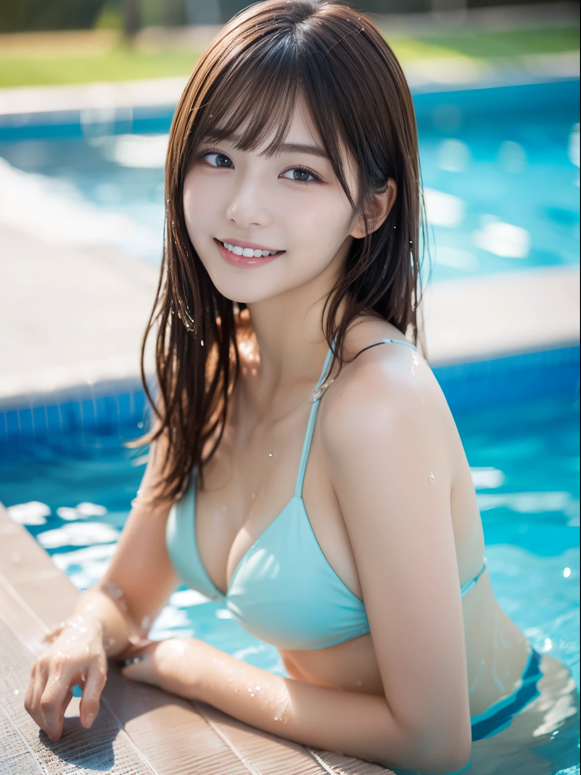 (swimming pools, a wet body:1.2), Super Detailed Face, Detailed lips, beautifully detailed eyes, age19. 1 japanese girl,(Raw photo, Best Quality), (Realistic, Photorealsitic:1.4), masutepiece, extremely delicate and beautiful, Extremely detailed, 8k wallpaper, amazing, finely detail, extremely detailed CG Unity, hight resolution, Soft light, beautiful detailed nose, Beautiful detailed eyes,Perfect Anatomy,bright high leg bikini,Smiling (hair messy, asymmetrical bangs, light brown hair,)