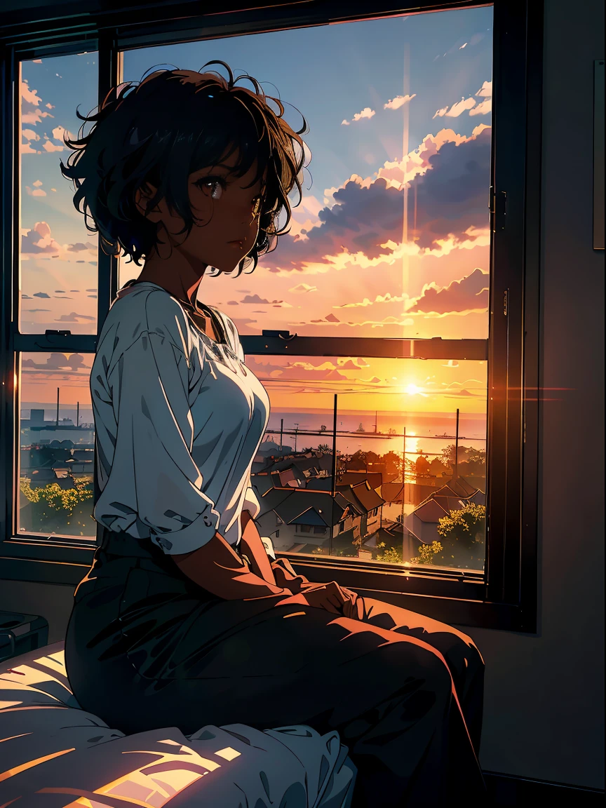 sunset, depth of fields、high resolution details, ultra-detailed、filming、surrealism、Soft volumetric light、(1 black girl with dark skin and realistic brown eyes ) 、Ray tracing、diffused (glass reflection)、surrealism,(sitting on a bed looking sideways out window:1.1)、Sun in the west coming through the glass of the window、House scenery、profile, frowning