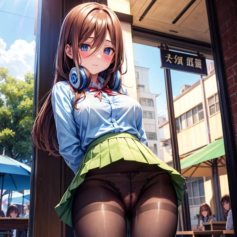 Schoolgirl with brown hair、Green skirt、light blue cardigan、(Blue headphones)、Semi-long hair、Black sheer pantyhose、sheer stockings、vagina、、(no panties)、(Wet)、red blush、Solo、(See-through)、tea shop、Terrace seating、(pussy juice)