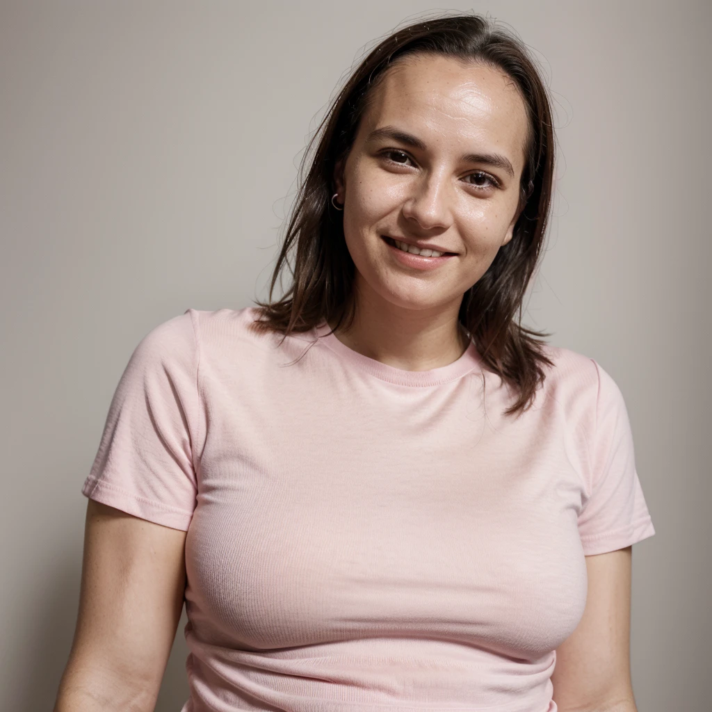 smiling woman wearing a pink shirt with a black and white stripe, this person does not exist, with no facial features, androgynous person, entire person visible, 30-year-old french woman, sweaty face, wide forehead, frumpy figure, ugly, unattractive, homely, entire body visible