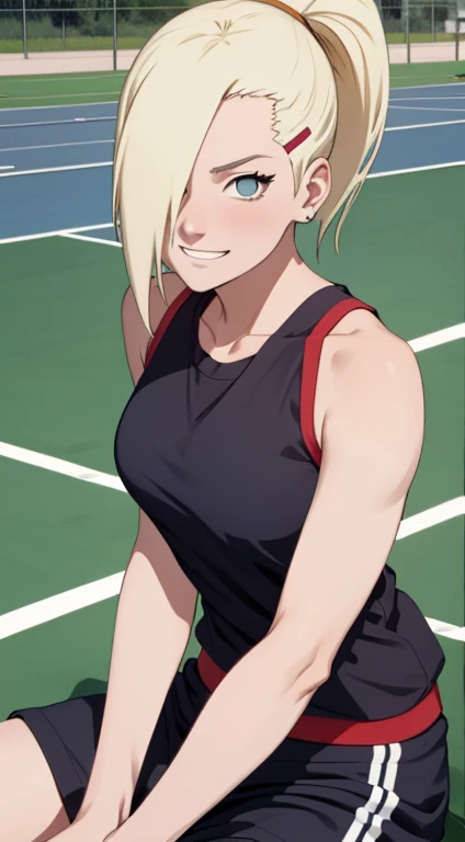 Ino Yamanaka，adult wearing physical education clothes,sunny day，sitting;，clothes tank top,sweatpants,，smile，Being red in the face,sports court，Close-up close-up，with a good number