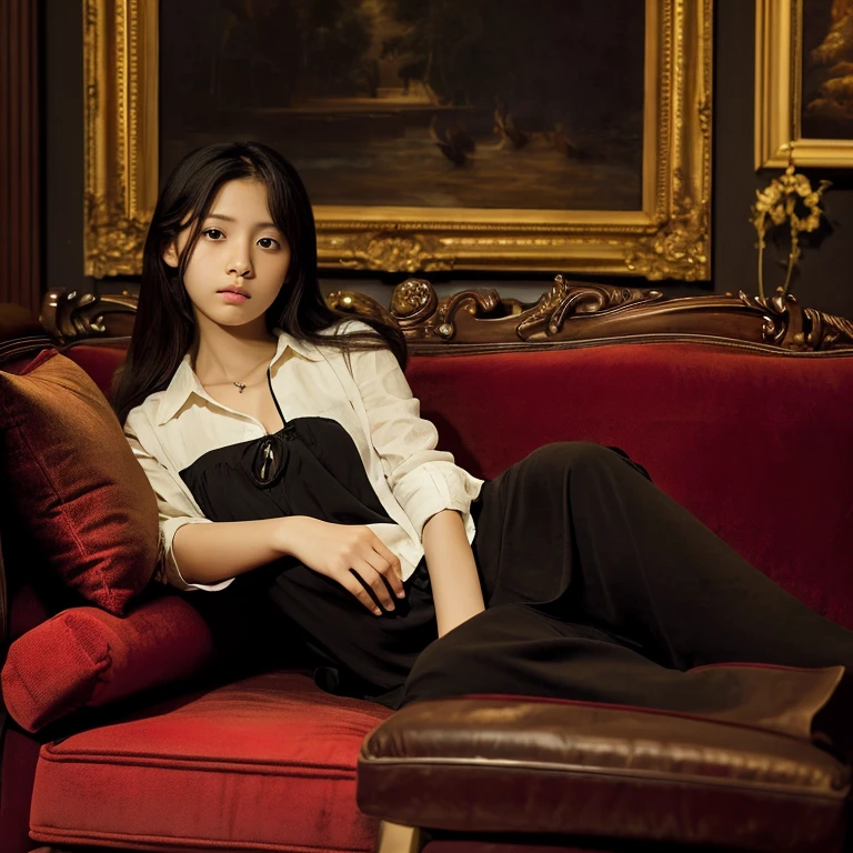 An ultra-high picture quality、Perfect Photo、sofa in front of a wonderful painting、Luxurious picture frame、Dark room、lighting stand、Beautiful 14 year old Japanese girl sitting on a luxurious sofa、Nokezoru、serious facial expression、frontage、put your hand on the edge of the sofa、