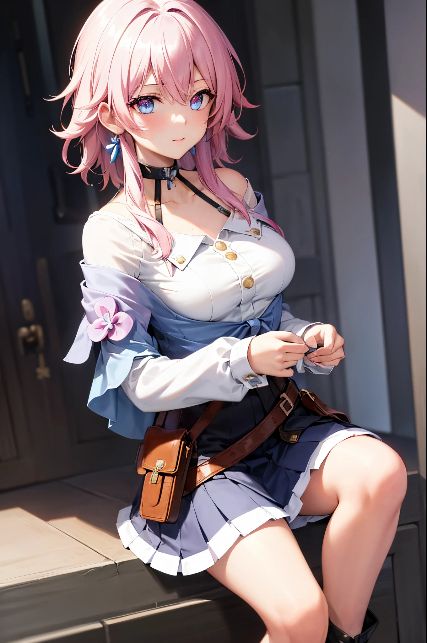 (masterpiece), best quality, expressive eyes, perfect face, 1 girl, solo, march seventh, blue eyes, hair between eyes, medium hair, pink eyes, pink hair, two-tone eyes, ankle boots, archery shooting glove, badge, bare legs, black choker, black corset, black footwear, black gloves, blue jacket, blue skirt, boots, button badge, buttons, choker, collarbone, corset, earrings, flower ornament, gloves, high heel boots, high heels, jacket, jewelry, long sleeves, miniskirt, partially fingerless gloves, pleated skirt, shirt, single earring, single glove, skirt, thigh strap, tied jacket, underbust, white shirt, city, background, futuristic city, standing, portrait, looking at the viewer