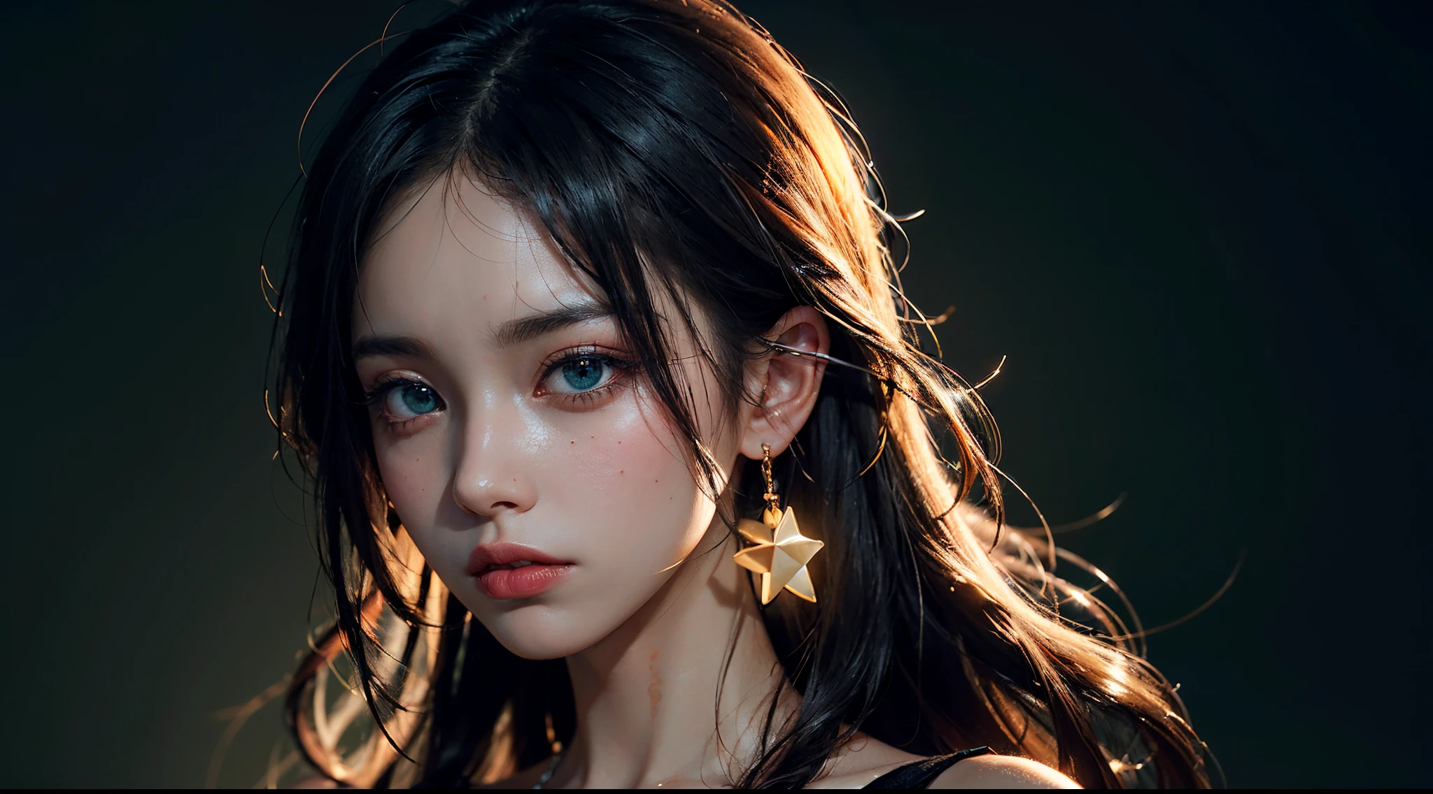 A woman with long hair and earrings is staring at the camera - SeaArt AI