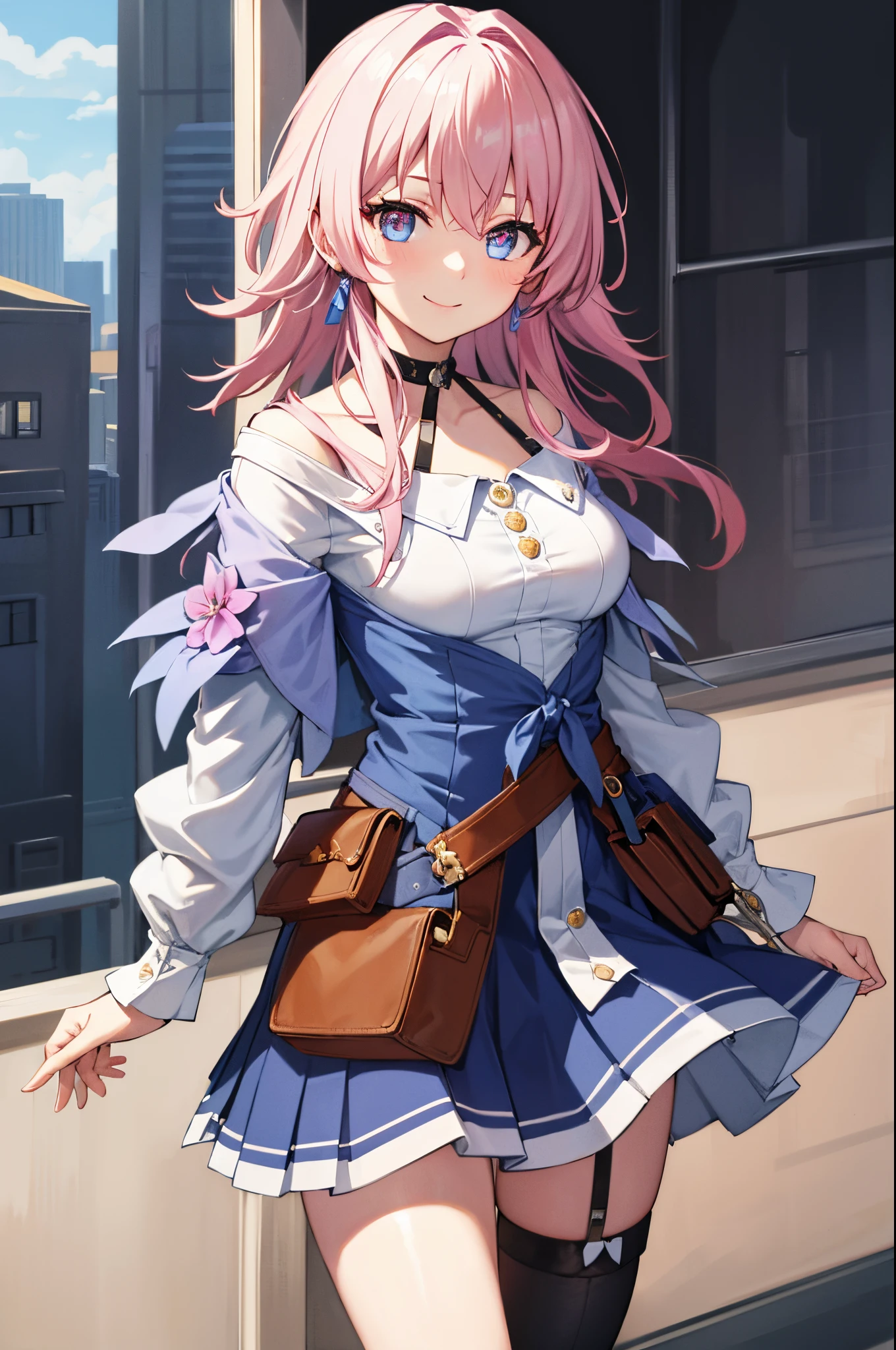 (masterpiece), best quality, expressive eyes, perfect face, 1 girl, solo, march seventh, blue eyes, hair between eyes, medium hair, pink eyes, pink hair, two-tone eyes, ankle boots, archery shooting glove, badge, bare legs, black choker, black corset, black footwear, black gloves, blue jacket, blue skirt, boots, button badge, buttons, choker, collarbone, corset, earrings, flower ornament, gloves, high heel boots, high heels, jacket, jewelry, long sleeves, miniskirt, partially fingerless gloves, pleated skirt, shirt, single earring, single glove, skirt, thigh strap, tied jacket, underbust, white shirt, smiling, city, background, futuristic city, standing, upper body, portrait, looking at the viewer