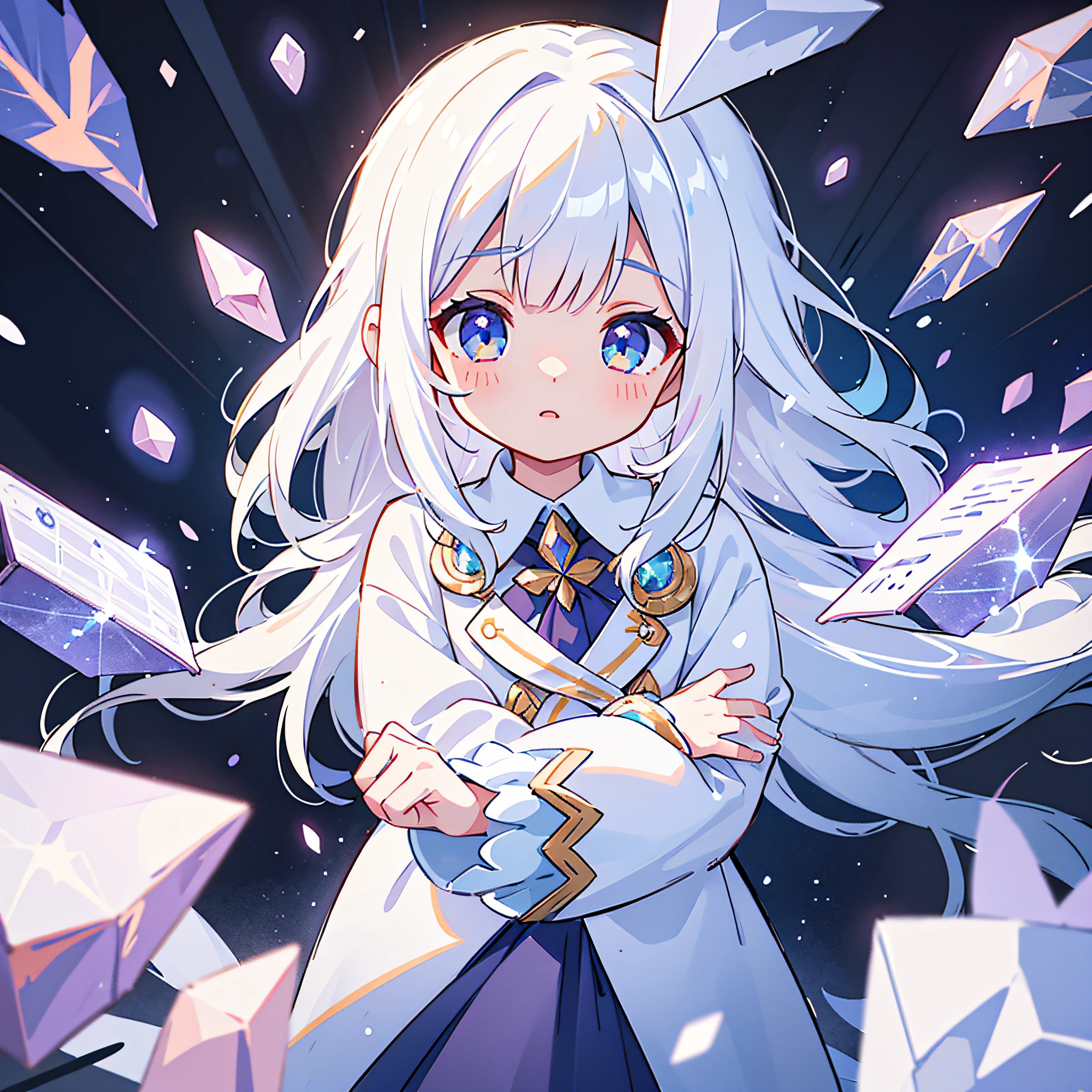 wallpaper,dynamic angle,dynamic lighting,((interesting detailed background)),(light reflections),depth of field, cinematic lighting, sparkle, glowing light, god rays, reflection light, ray tracing, framed, from above, UHD, masterpiece, super detail, high quality, high details, award winning, best quality, 8k,1girl,kawaii,cute,cutest,(white hair)((beautiful detailed eyes)),white glowing crystal eyes,long hair,flowing hair,silky and flowy white clothes,in a cave full of glowing crystal,glowing crystal,snowflakes falling,snowy,white flower petals falling,big snowflakes crystal((musical notes on the background)),crystals,white flower,((musical notes)),glowing musical notes effects on the foreground,giant snowflakes,snow,snowflakes