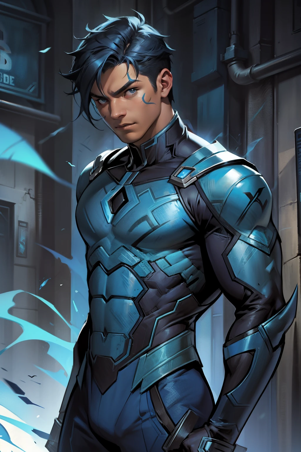 a teen (young) muscular mexican hero with Blue Beetle (Jaime Reyes) suit ((DC Comics)) armor