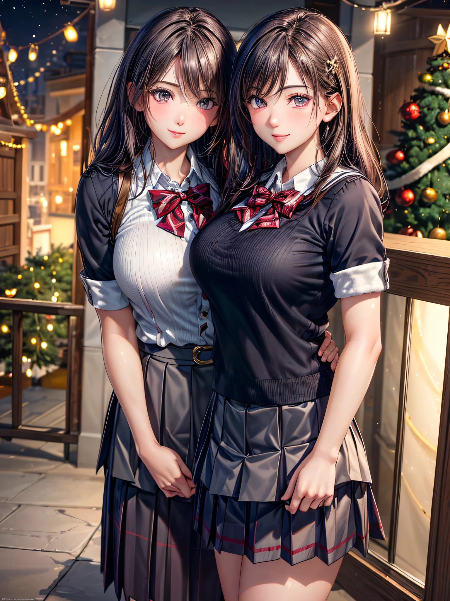 (2girls:1.4), Extremely cute, amazing face and eyes beautiful nice smile), (extremely detailed beautiful face), bright and shiny lips, (School uniform, Pleated skirt:1.3), (Best Quality:1.4), (hyper quality), (Ultra-detailed), (Hyper-realistic, Photorealsitic:1.37), Authentic skin texture, intricate-detail, extremely detailed CG unified 8k wallpaper, RAW Photos, professional photograpy, Cinematic lighting, Exposing, Christmas tree, Christmas Ornaments, Christmas Decorations, Christmas Lights, Christmas Lights,