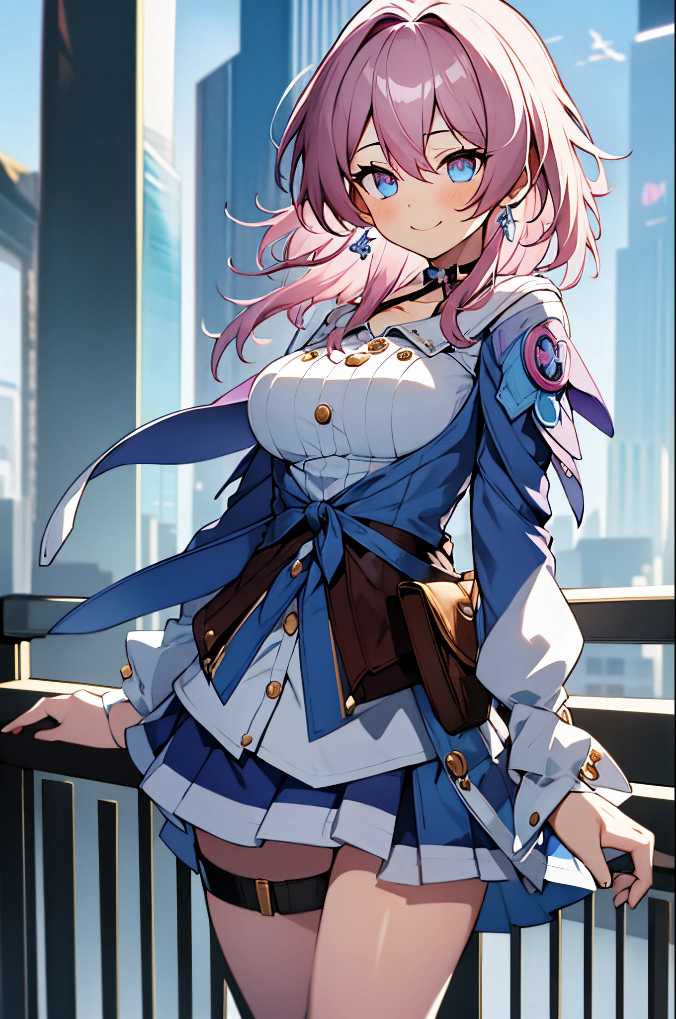 (masterpiece), best quality, expressive eyes, perfect face, 1 girl, solo, march seventh, blue eyes, hair between eyes, medium hair, pink eyes, pink hair, two-tone eyes, ankle boots, archery shooting glove, badge, bare legs, black choker, black corset, black footwear, black gloves, blue jacket, blue skirt, boots, button badge, buttons, choker, collarbone, corset, earrings, flower ornament, gloves, high heel boots, high heels, jacket, jewelry, long sleeves, miniskirt, partially fingerless gloves, pleated skirt, shirt, single earring, single glove, skirt, thigh strap, tied jacket, underbust, white shirt, smiling, city, background, futuristic city, standing, upper body, portrait, looking at the viewer