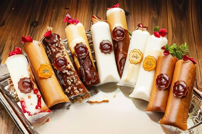 there are five candles of different colors in a basket on a table, montanhas de creme, Mar de Parfait, cones de creme, creme ao lado, delicioso, multiple colors, misturar, Nata, Oh sim, Embalagens de chocolate em barra, trending ,, ❤🔥🍄🌪, sonhador, muito doce, ( visualmente deslumbrante, crisp smooth lines