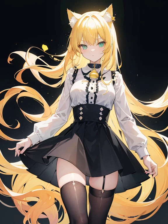 Long blonde hair、yellow Eyes、fancy short black dress, slim legs