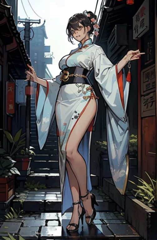 Doctor Has a glowing five-star rating, city in the background, Large bust，rimless eyewears，Slim figure，Cute girl，Full body hanfu，kimono，Ancient Chinese streets，Dirty dark streets, voluptuous lower body