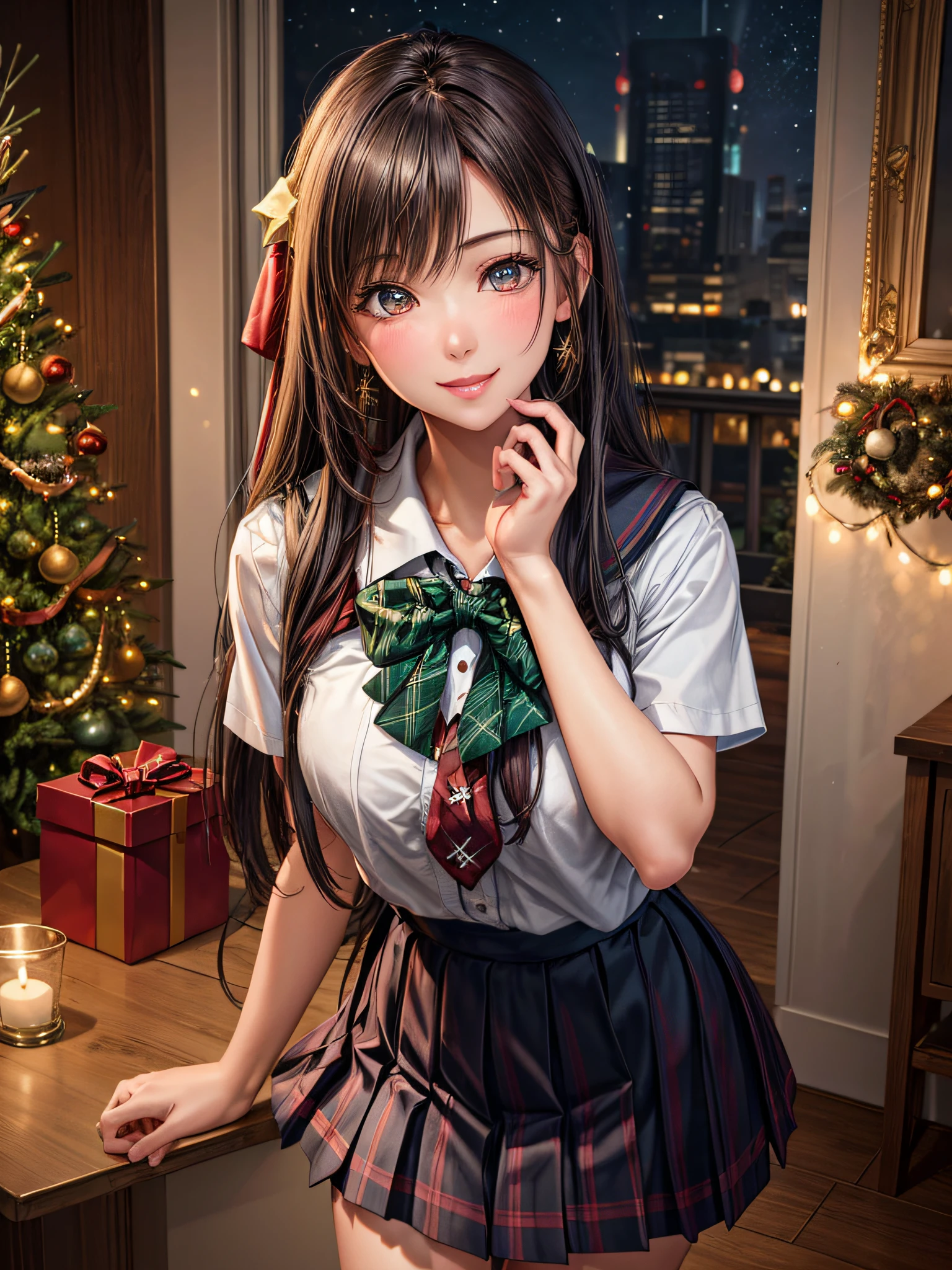 (2girls:1.4), Extremely cute, amazing face and eyes beautiful nice smile), (extremely detailed beautiful face), bright and shiny lips, (School uniform, Pleated skirt:1.3), (Best Quality:1.4), (hyper quality), (Ultra-detailed), (Hyper-realistic, Photorealsitic:1.37), Authentic skin texture, intricate-detail, extremely detailed CG unified 8k wallpaper, RAW Photos, professional photograpy, Cinematic lighting, Exposing, Christmas tree, Christmas Ornaments, Christmas Decorations, Christmas Lights, Christmas Lights,
