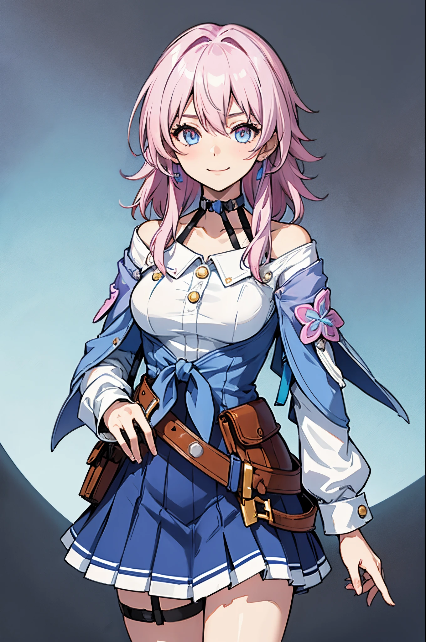 (masterpiece), best quality, expressive eyes, perfect face, 1 girl, solo, march seventh, blue eyes, hair between eyes, medium hair, pink eyes, pink hair, two-tone eyes, ankle boots, archery shooting glove, badge, bare legs, black choker, black corset, black footwear, black gloves, blue jacket, blue skirt, boots, button badge, buttons, choker, collarbone, corset, earrings, flower ornament, gloves, jacket, jewelry, long sleeves, miniskirt, partially fingerless gloves, pleated skirt, shirt, single earring, single glove, skirt, thigh strap, tied jacket, underbust, white shirt, smiling, city, background, futuristic city, standing, upper body, portrait, looking at the viewer