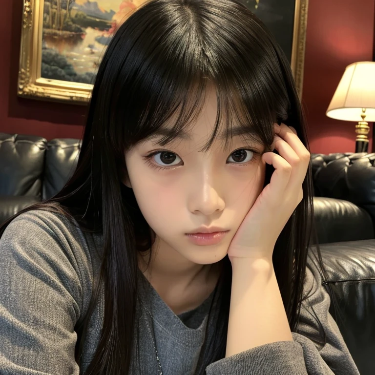 An ultra-high picture quality、Perfect Photo、sofa in front of a wonderful painting、Luxurious picture frame、Dark room、lighting stand、Beautiful 14 year old Japanese girl sitting on a luxurious sofa、Nokezoru、serious facial expression、frontage、put your hand on the edge of the sofa、With bangs、Long black hair、