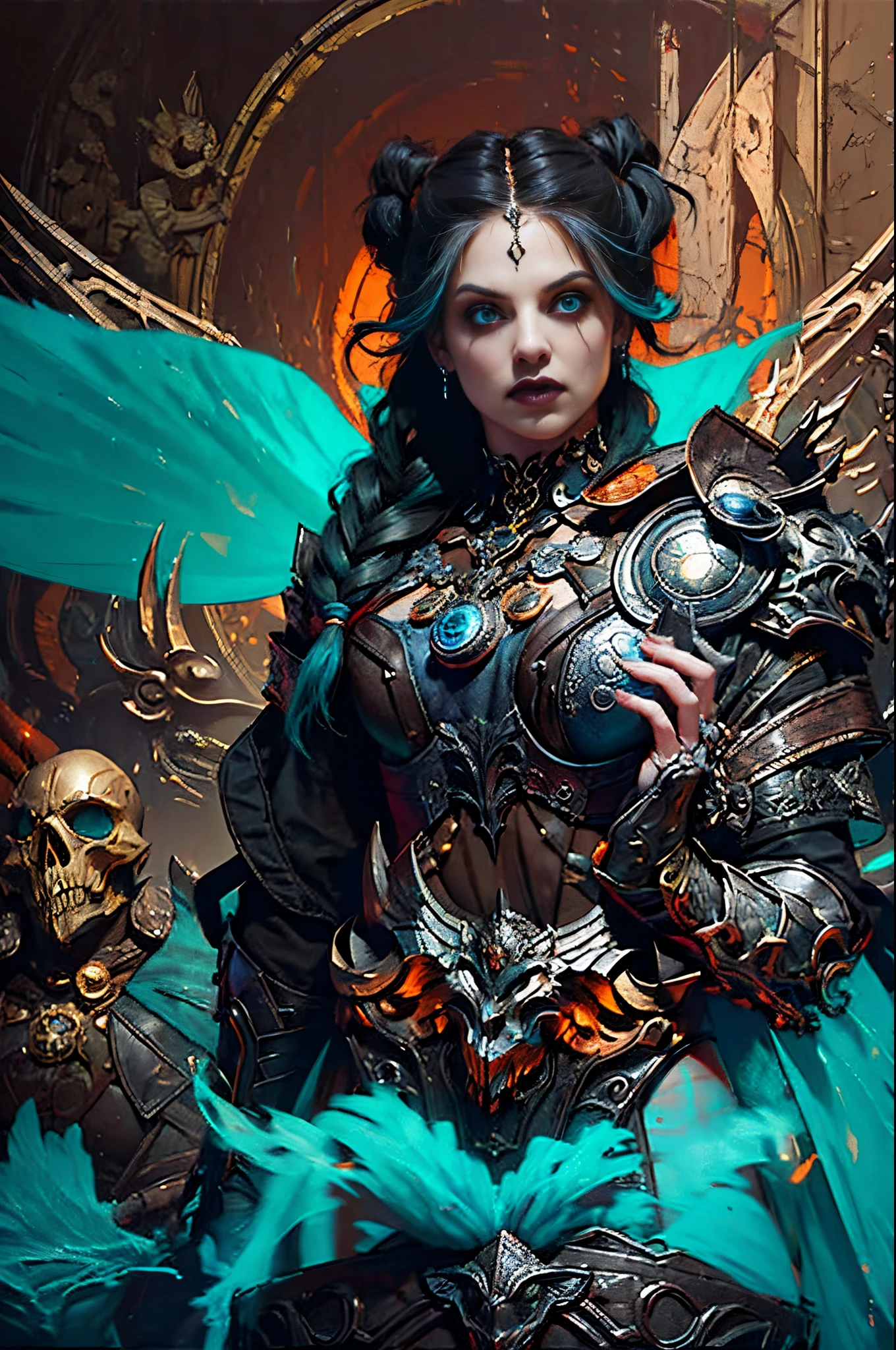 's, gothic art, lightand shade contrast, Standing painting, estimate, holland angle, emphasis lines, tmasterpiece, acurate, Anatomically correct, A high resolution, Best quality at best, super detailing, Award-Awarded,D14BL0 style wizard,Van Helsing,(((femele))),(plump and sexy),((fighting beautiful face,silber hair,The braid has five strands,gothic leather jacket,mano,shooting(Sexual suggestiveness),Epic war fantasy digital art,(greg rutkovsky:0.8), (cyan and orange:0.4),People drawing, Standing painting,Correct anatomically perfect proportions,