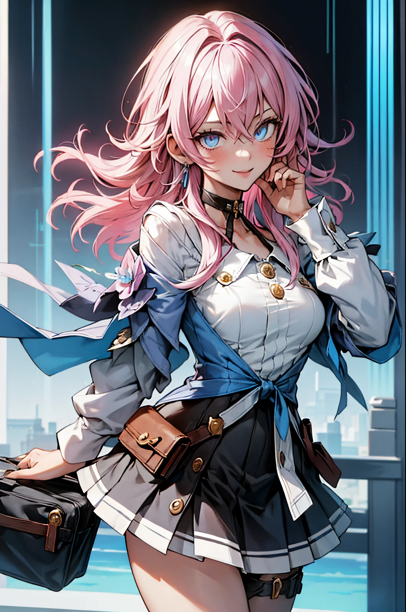 (masterpiece), best quality, expressive eyes, perfect face, 1 girl, solo, march seventh, blue eyes, hair between eyes, medium hair, pink eyes, pink hair, two-tone eyes, ankle boots, archery shooting glove, badge, bare legs, black choker, black corset, black footwear, black gloves, blue jacket, blue skirt, boots, button badge, buttons, choker, collarbone, corset, earrings, flower ornament, gloves, jacket, jewelry, long sleeves, miniskirt, partially fingerless gloves, pleated skirt, shirt, single earring, single glove, skirt, thigh strap, tied jacket, underbust, white shirt, smiling, city, background, futuristic city, standing, upper body, portrait, looking at the viewer