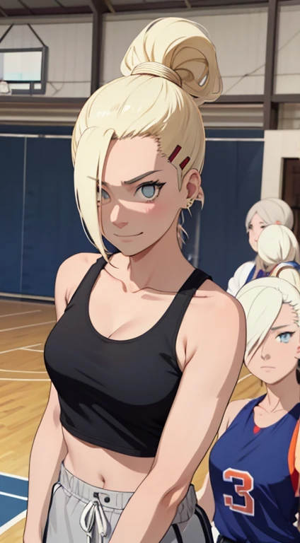 Ino Yamanaka,adult (32 years old)wearing physical education clothes,sunny day,standing warming up;,clothes tank top,sweatpants,,smile,Being red in the face,sports court,Close-up on close-up ,with a good number
