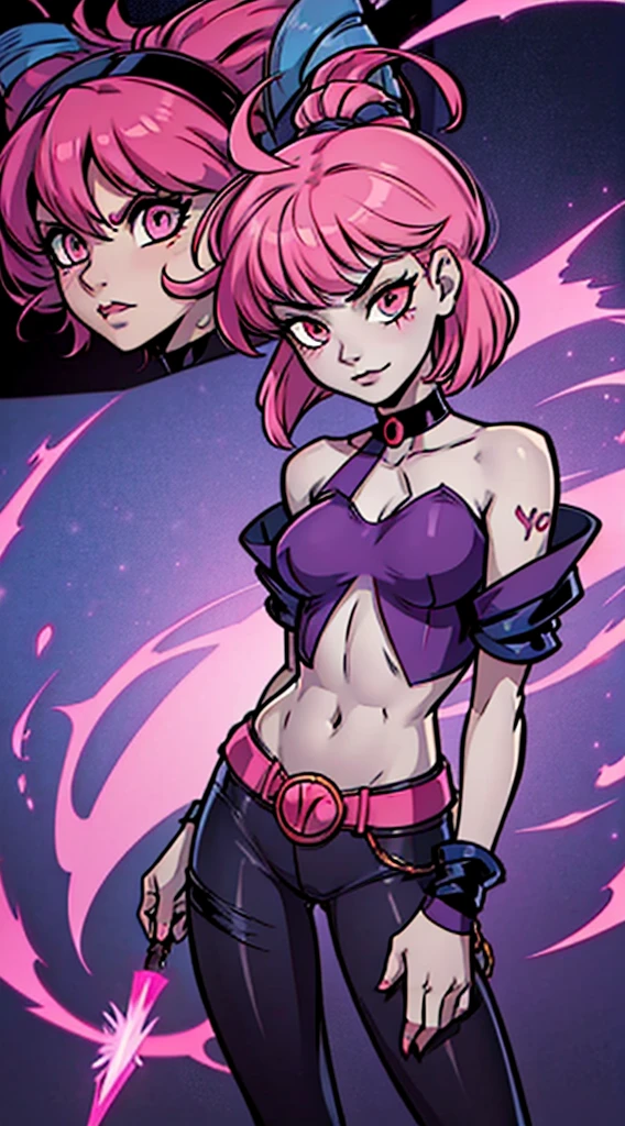 Jinx, TeenTitans, JinxTT, pink hair, pink eyes, long legs, light-grey skin, sorceress, magic, short hair, happy, untied hair, free hair, battlechasers