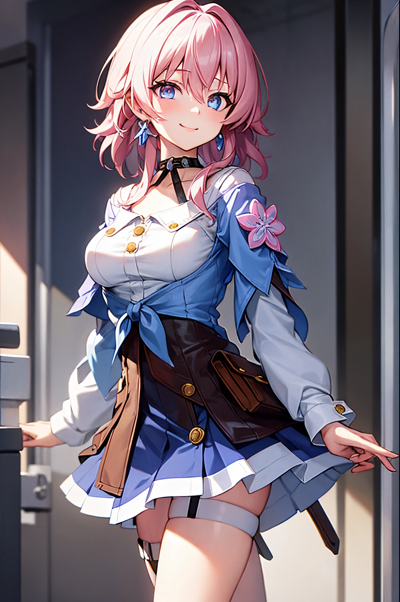 (masterpiece), best quality, expressive eyes, perfect face, 1 girl, solo, march seventh, blue eyes, hair between eyes, medium hair, pink eyes, pink hair, two-tone eyes, ankle boots, archery shooting glove, badge, bare legs, black choker, black corset, black footwear, black gloves, blue jacket, blue skirt, boots, button badge, buttons, choker, collarbone, corset, earrings, flower ornament, gloves, jacket, jewelry, long sleeves, miniskirt, partially fingerless gloves, pleated skirt, shirt, single earring, single glove, skirt, thigh strap, tied jacket, underbust, white shirt, smiling, city, background, futuristic city, standing, upper body, portrait, looking at the viewer