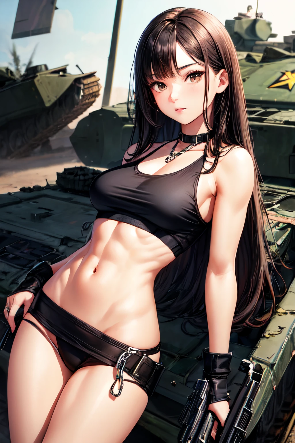 It is a battlefield, a downed plane and a destroyed war tank., there is a 16 year old woman, black hair long hair brown eyes tender look and pretty yet sexy face posing sexy , She is dressed in a ripped low-cut crop top, color verde militar, She is very sexy posing sexy and wearing a white top showing her abdomen and low cut, a military type chain on her neck, an engagement ring , chica delgada, has long black hair brown eyes holding a long gun, young girl is with great taste, Girl's face, la jovencita tiene piernas lindas