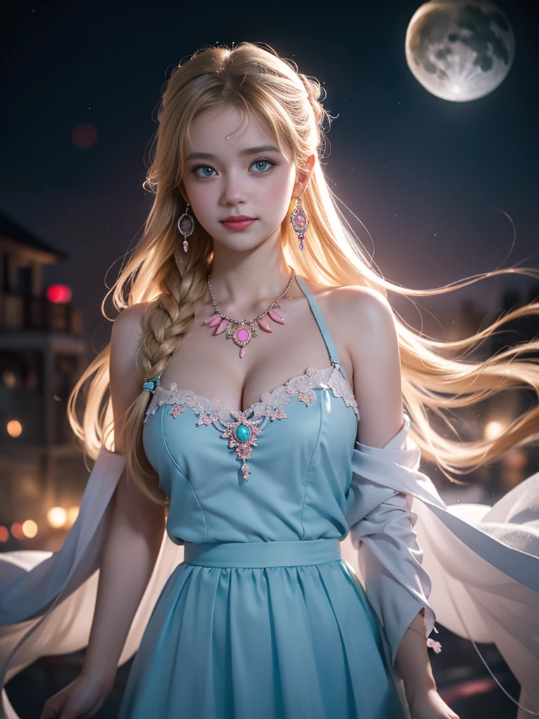 tmasterpiece,Highest image quality,super detailing,Best quality ,Extremely Delicately Beautiful, Very meticulous,Best quality, offcial art, extremely detaild的 CG unified 8k wallpapers, Ana de Armas portrait photo, blond hair blue eyes,Skin gloweautidful eyes:1.1), pretty skin, lamplight, (Detailed lighting:1.2), (Beautiful and detailed light:1.3), Beautiful maid outfit, deep understanding, The beautiful, iintricate, digitial painting, smooth private parts, Focus sharp, The end of the world, Epic reality, (HighDynamicRange:1.4), captivating curves,(pastel colour:1.4), Bigchest,apocalyptic, giving up, com cores neutras, natta, Screen space refraction, (Complicated details, ultra - detailed:1.3), Dream Catcher Necklace,art stations, Cinema lenses, vignet, the complex background, buliding,Enchanted smile,Detailed moon background,Dream catcher earrings in various colors,white colors,in pink,purpleish color,red colour,blue colors,orange colors,green color,cyan colors,),No shoulder strap,