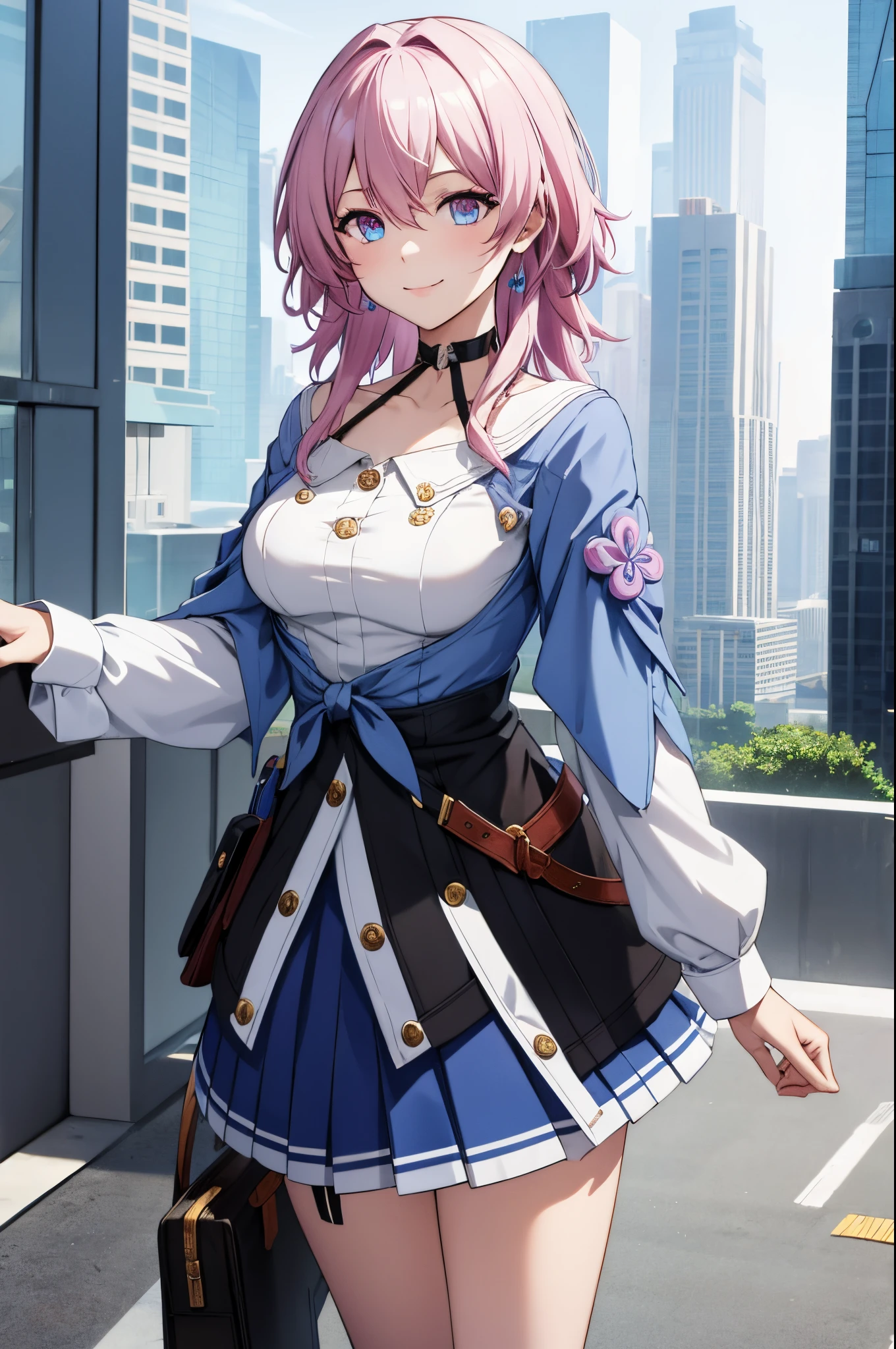 (masterpiece), best quality, expressive eyes, perfect face, 1 girl, solo, march seventh, blue eyes, hair between eyes, medium hair, pink eyes, pink hair, two-tone eyes, ankle boots, archery shooting glove, badge, bare legs, black choker, black corset, black footwear, black gloves, blue jacket, blue skirt, boots, button badge, buttons, choker, collarbone, corset, earrings, flower ornament, gloves, jacket, jewelry, long sleeves, miniskirt, partially fingerless gloves, pleated skirt, shirt, single earring, single glove, skirt, thigh strap, tied jacket, underbust, white shirt, smiling, city, background, futuristic city, standing, upper body, portrait, looking at the viewer