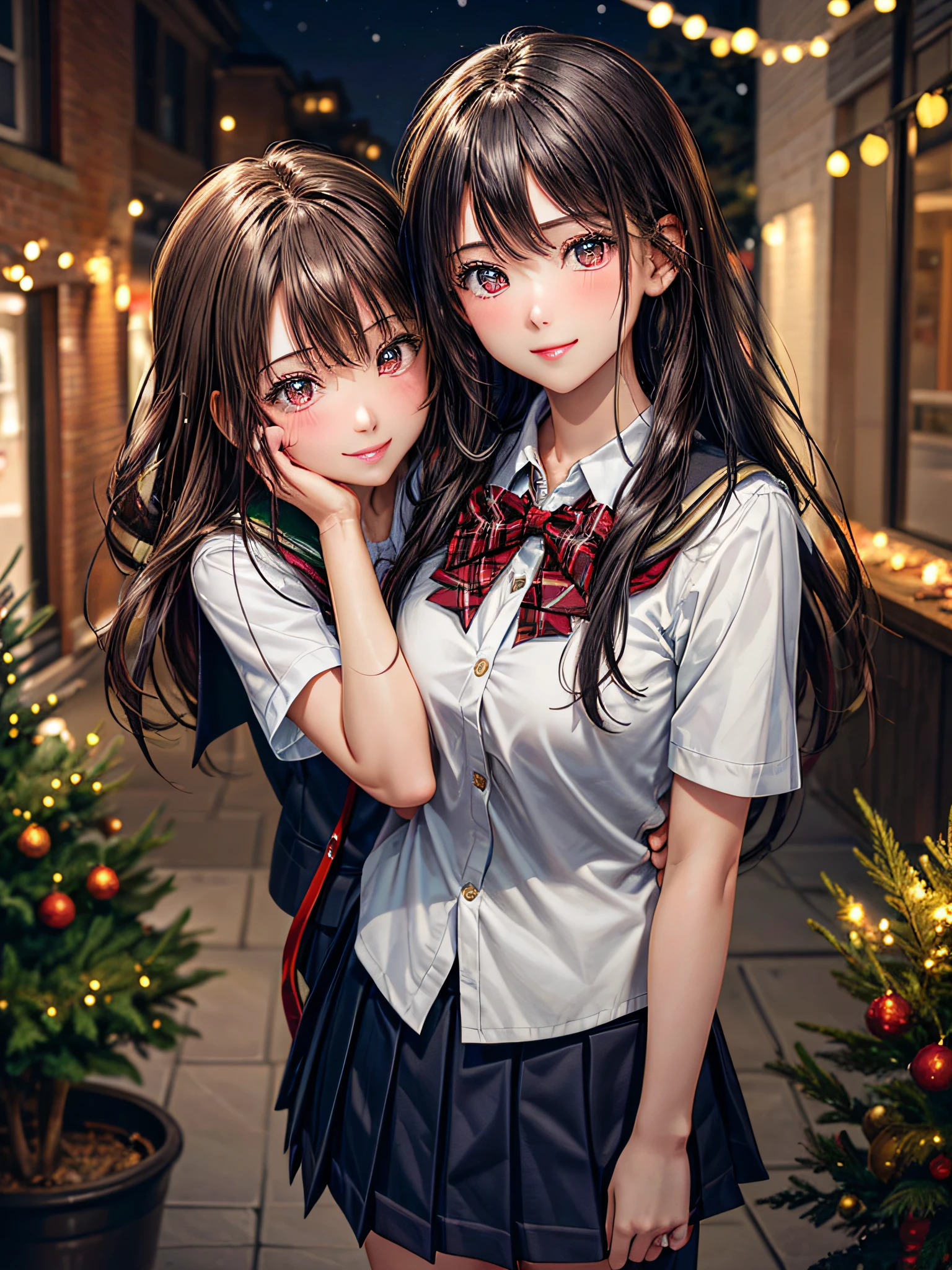 (2girls:1.4), Extremely cute, amazing face and eyes beautiful nice smile), (extremely detailed beautiful face), bright and shiny lips, (School uniform, Pleated skirt:1.3), (Best Quality:1.4), (hyper quality), (Ultra-detailed), (Hyper-realistic, Photorealsitic:1.37), Authentic skin texture, intricate-detail, extremely detailed CG unified 8k wallpaper, RAW Photos, professional photograpy, Cinematic lighting, Exposing, Christmas tree, Christmas Ornaments, Christmas Decorations, Christmas Lights, Christmas Lights,
