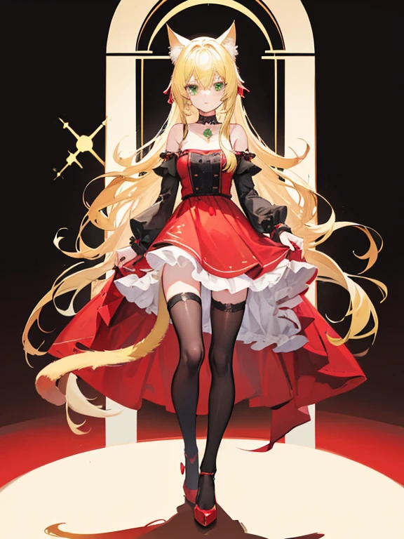 A girl, long blonde hair, blonde Neko cat ears, light green eyes, wearing a black collar with a bell, wearing a red dress, black tights, red heels, with a blonde cat tail, high resolution, looks forward, stands upright