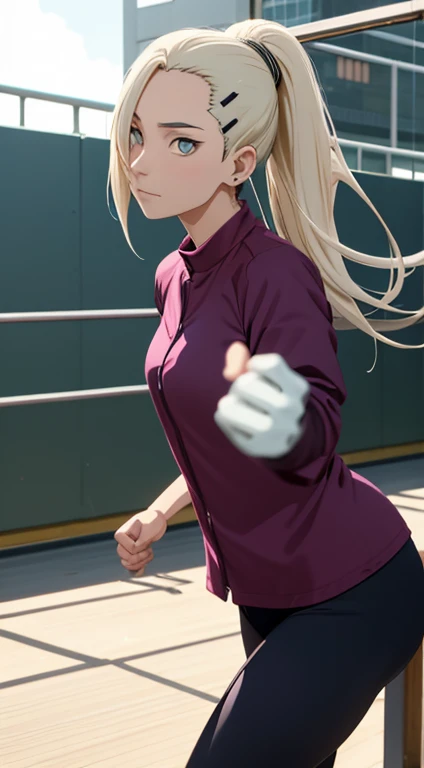 Ino Yamanaka, 32 year old adult, physical education teacher, wearing physical education clothes, sunny day, standing warming up; in close-up,with a good number